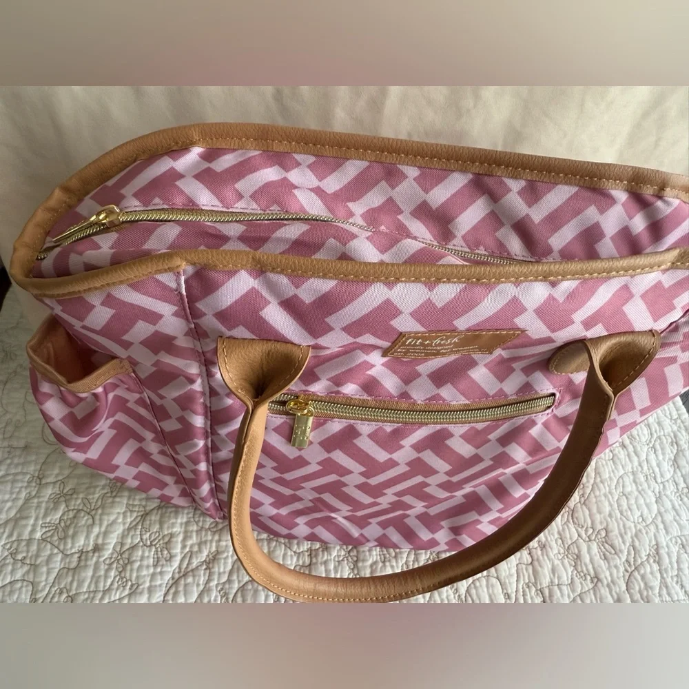 Pink Patterned Tote with Tan Trim